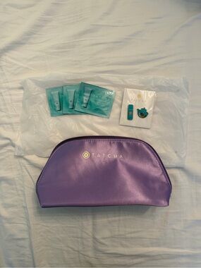 Tatcha Lavender Purple Satin Cosmetic Pouch with Skincare Samples and pin